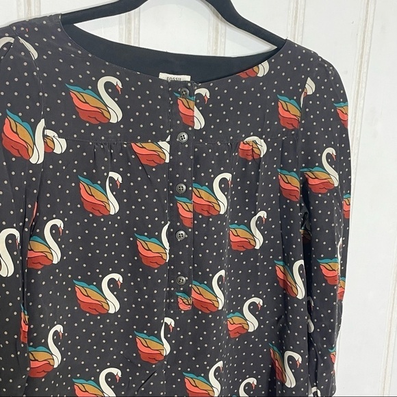 Fossil Swan Print Silk Shift Dress Black XS -186 - Picture 5 of 12